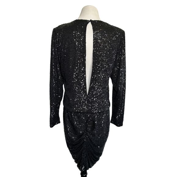 Retrofete Flynn Sequin Ruched Tulle Long Sleeve Key Hole Mini Dress Black Large - Picture 3 of 16